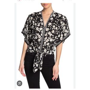 Max Studio Black & White Floral and Stripe Tie-Front Lightweight Blouse Top